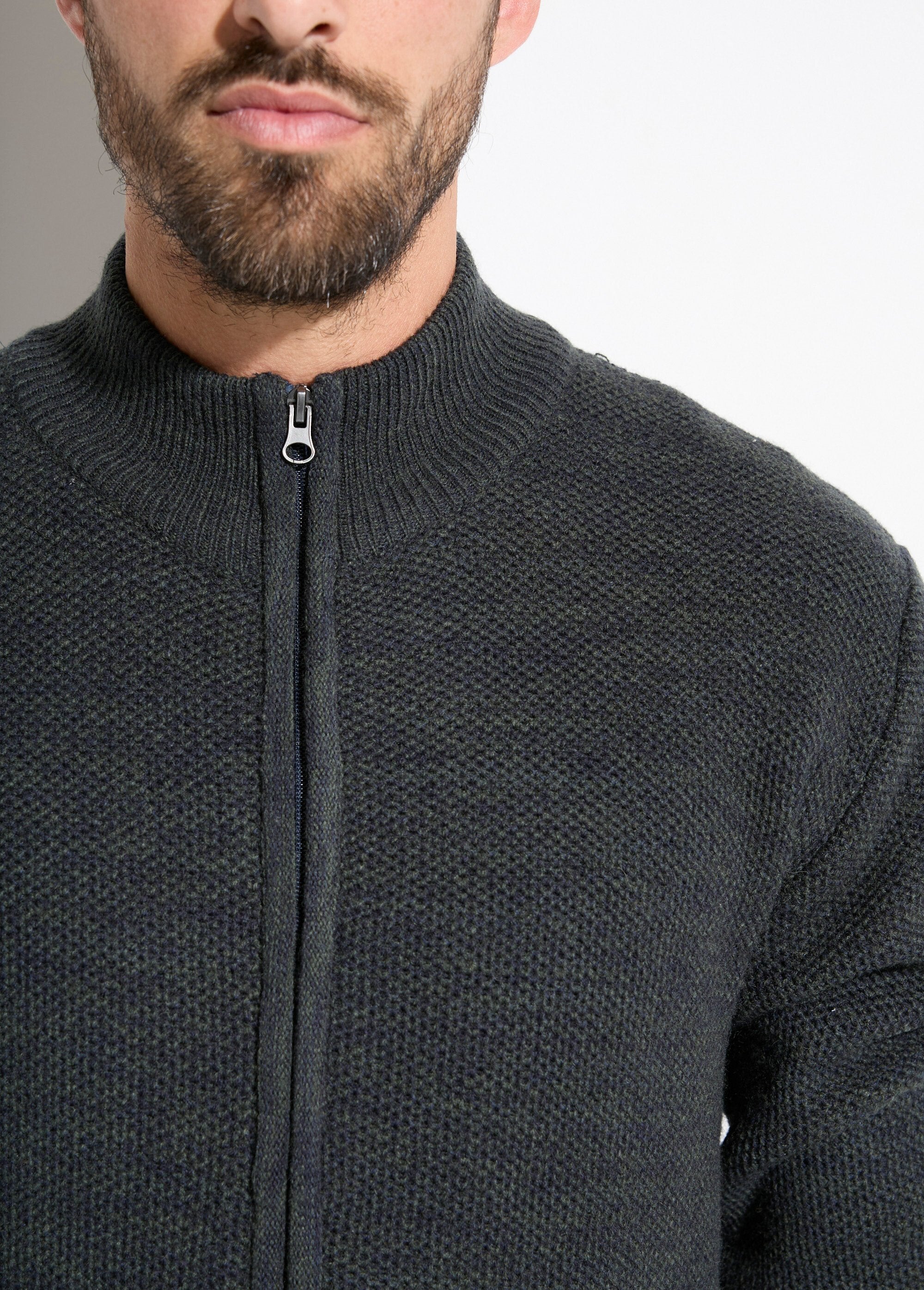 Zipped_cardigan_with_high_collar_in_heathered_wool_knit_Green_DE1_slim