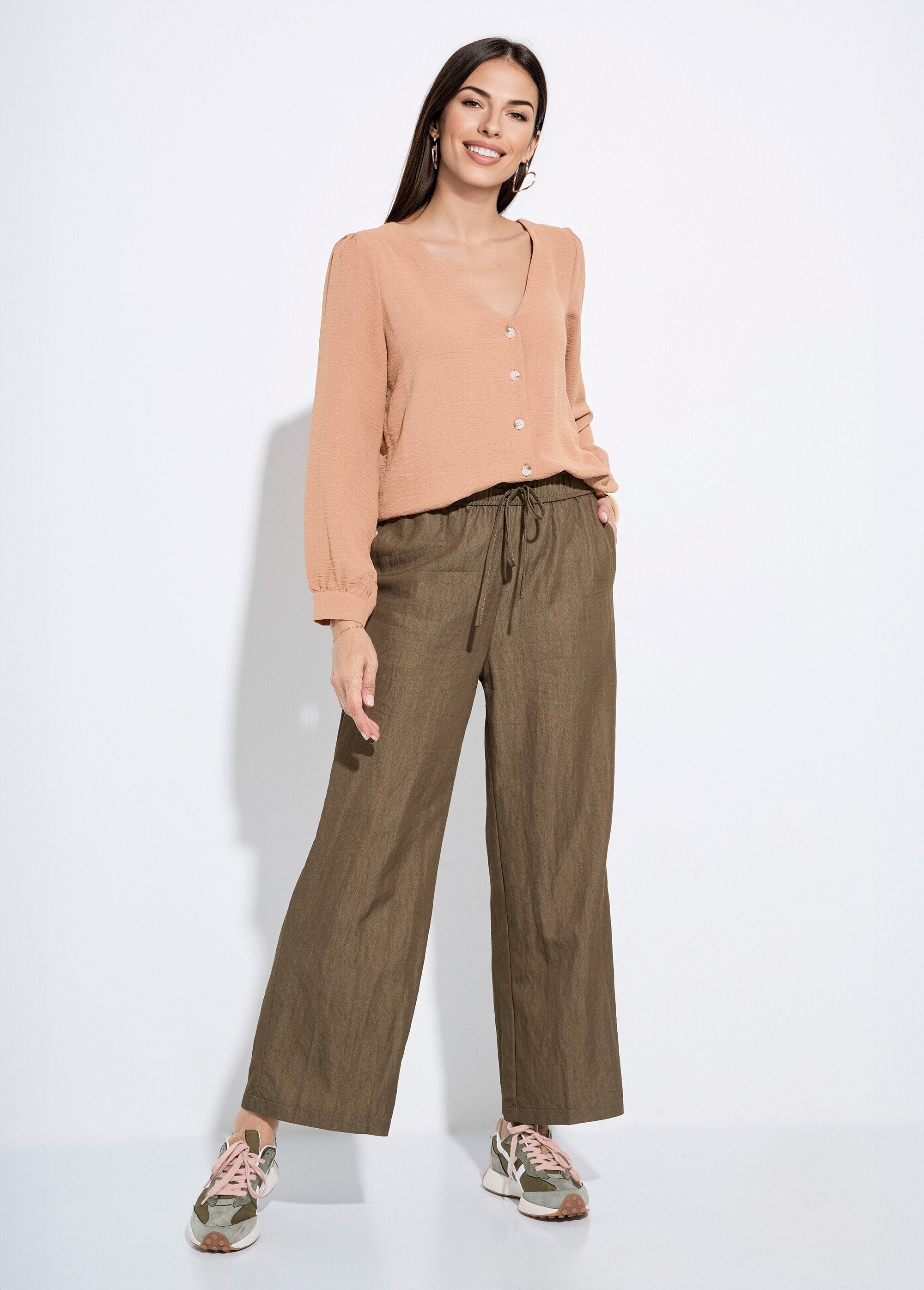 Plain_twill_elasticated_flowing_pants_Khaki_SF1_slim