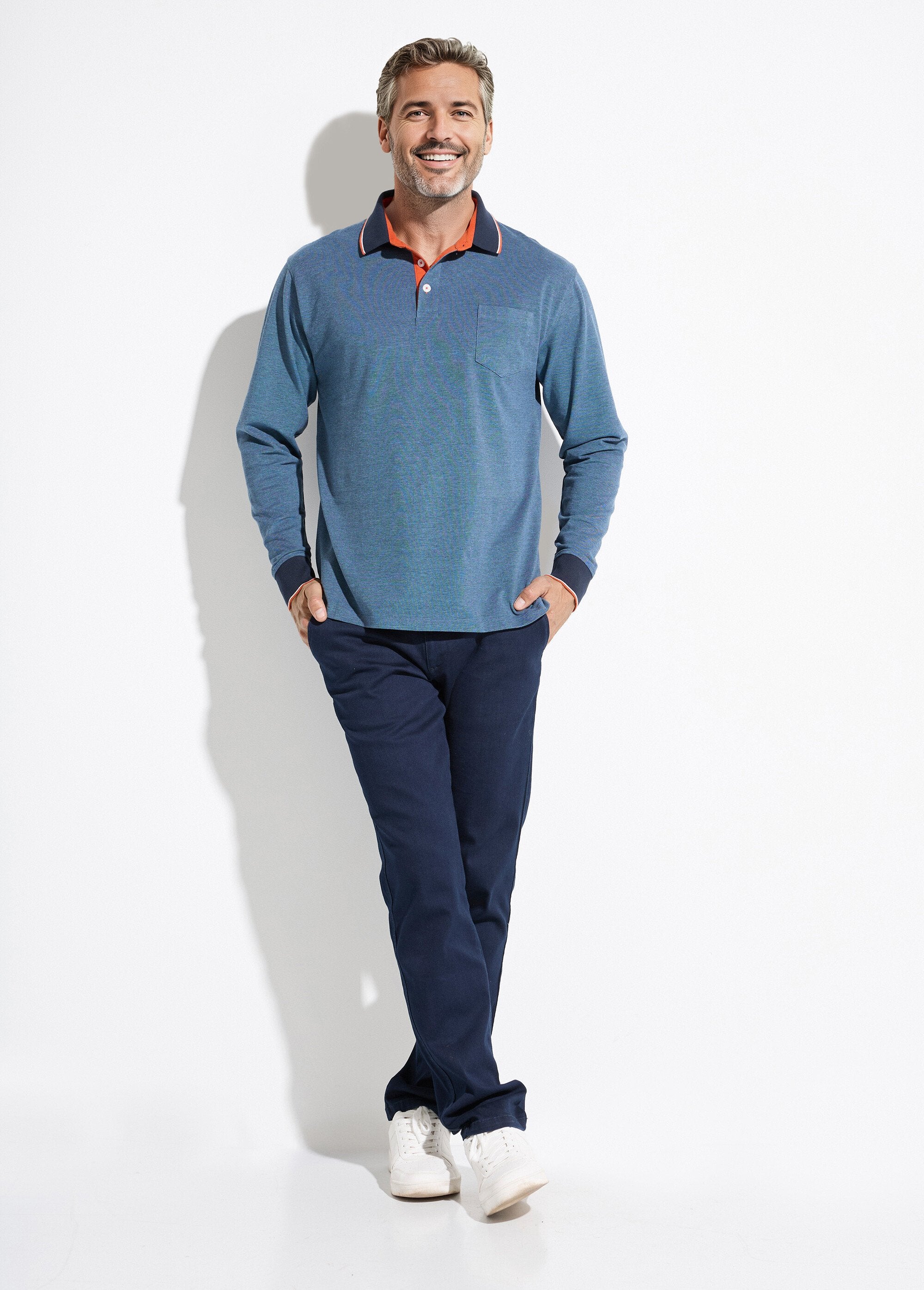 Long-sleeved_cotton_pique_knit_polo_shirt_Blue_SF1_slim