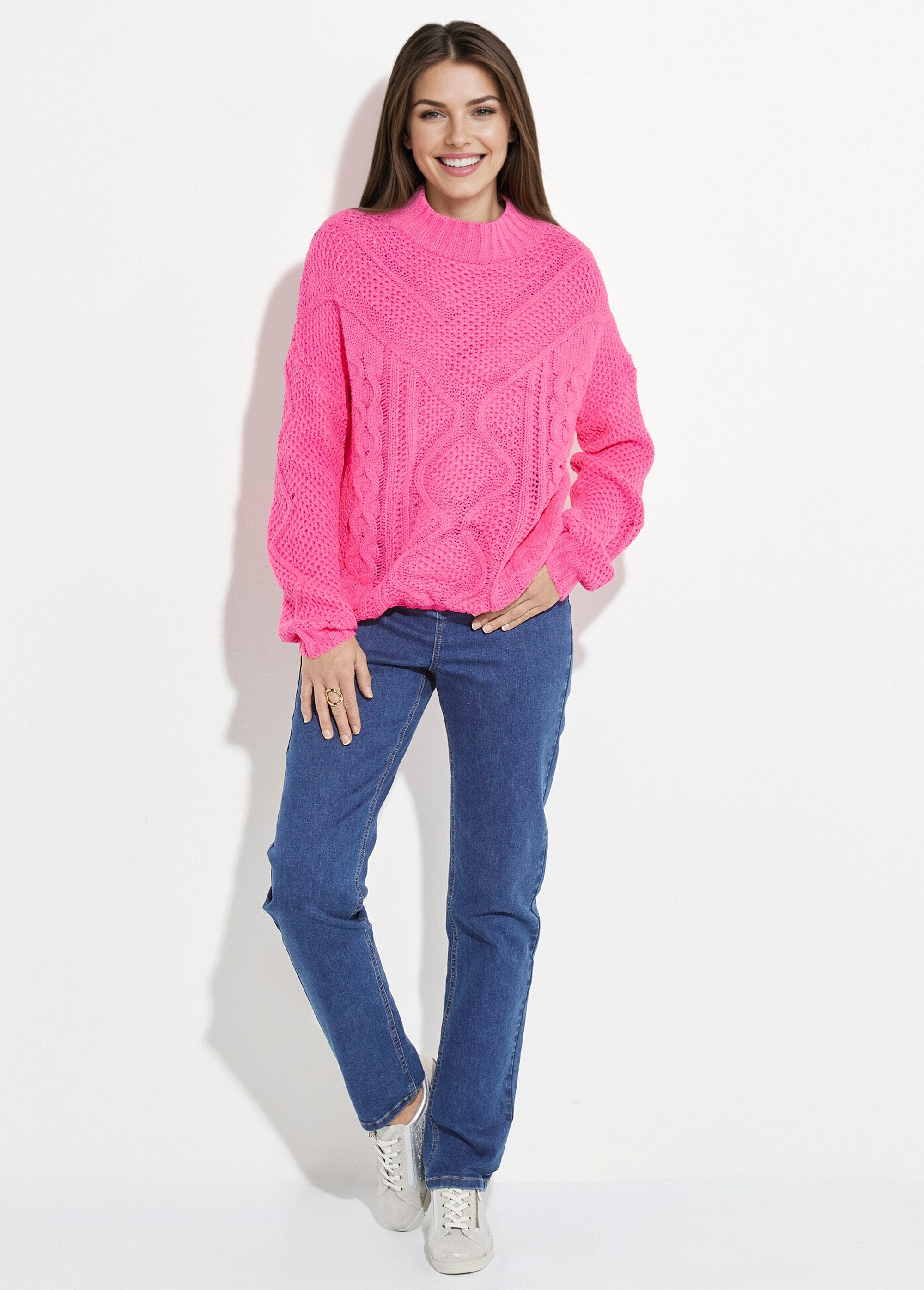 Pull_col_montant,_jeux_maille_fantaisie_Rose_fluo_SF1_slim