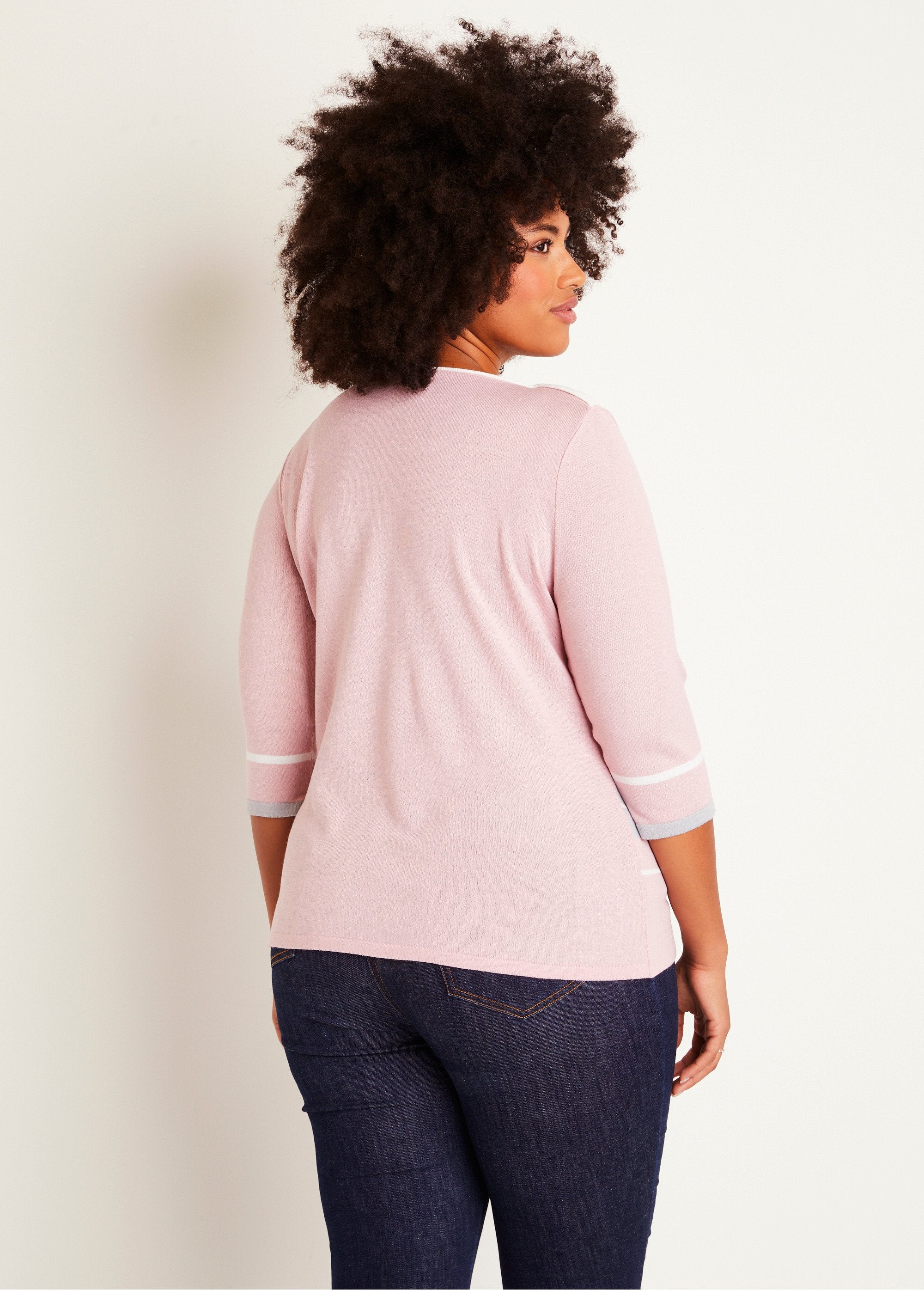 3/4_sleeve_boat_neck_sweater_with_striped_jacquard_front_Pink_and_gray_DO1_curvy