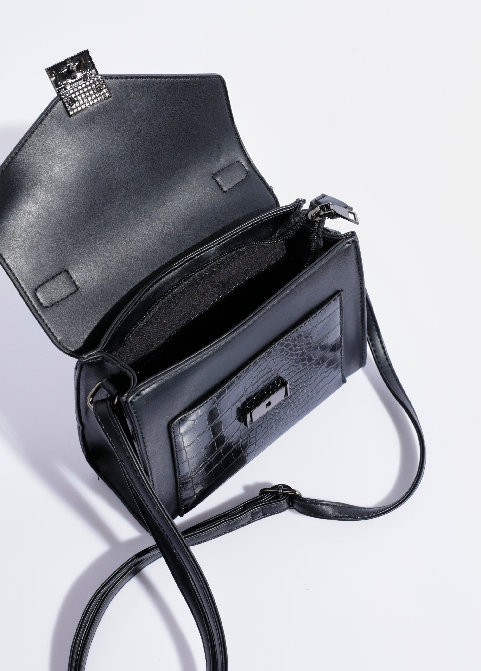 Reptile-look_handbag,_short_handle_Black_DE1_slim