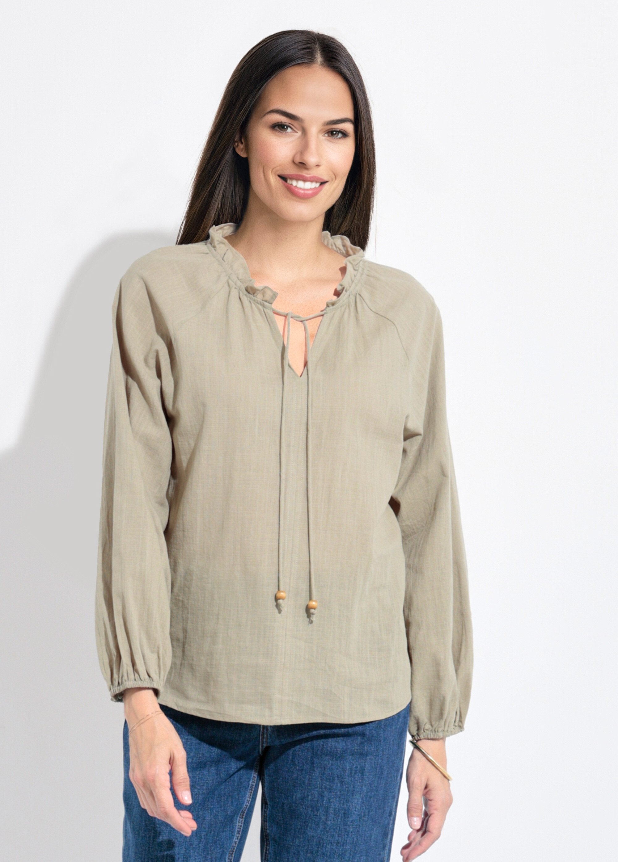 Loose-fitting_V-neck_blouse_with_a_tie_Khaki_FA1_slim