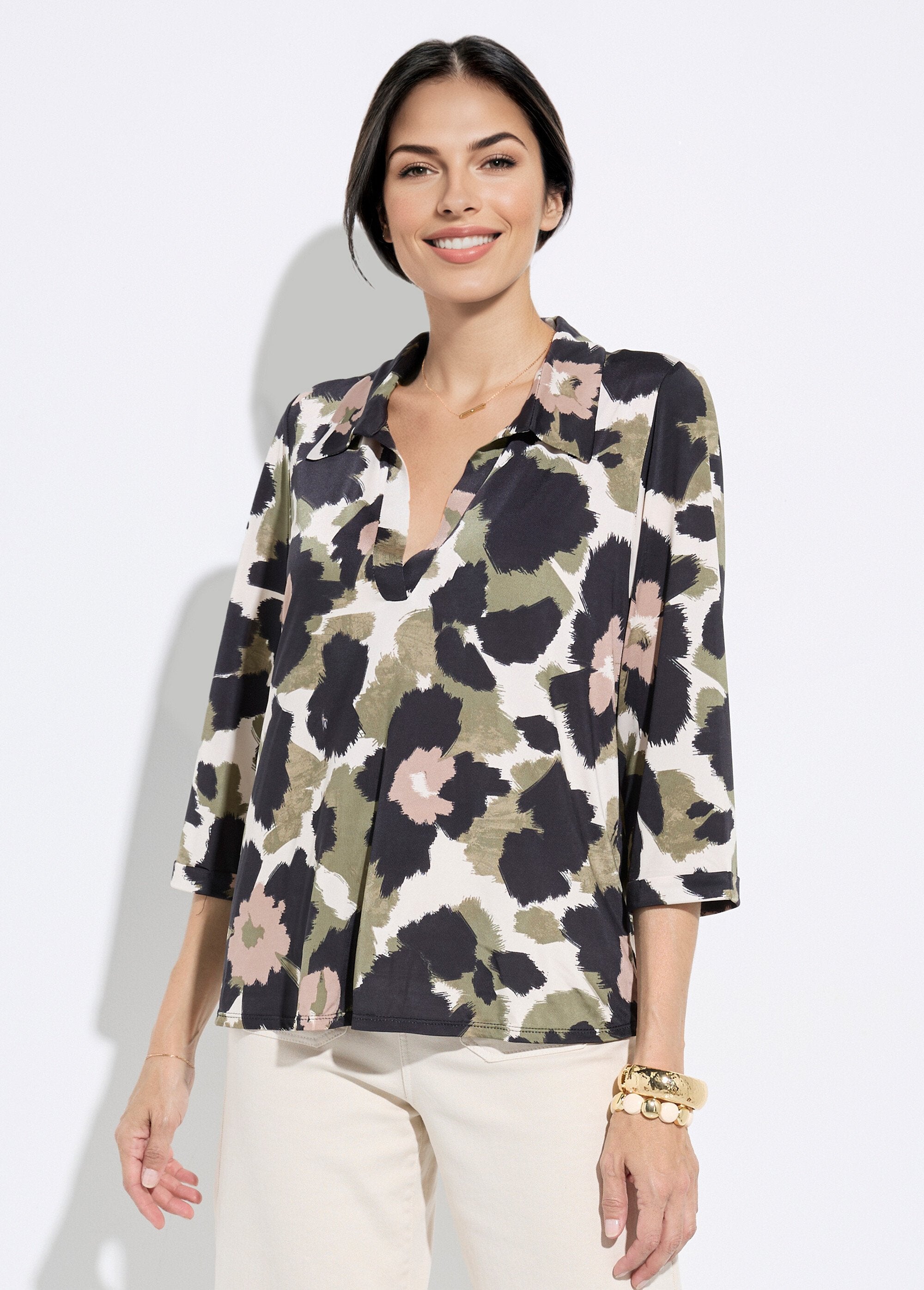 Camouflage_flowing_blouse_with_tailored_collar_Black_and_khaki_FA1_slim