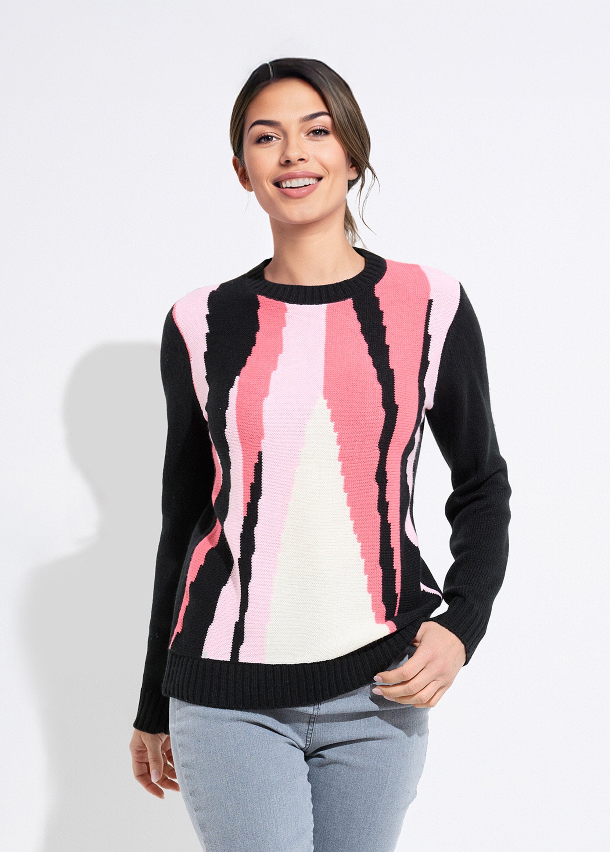 Warm_graphic_jacquard_round_neck_sweater_Black_and_pink_FA1_slim