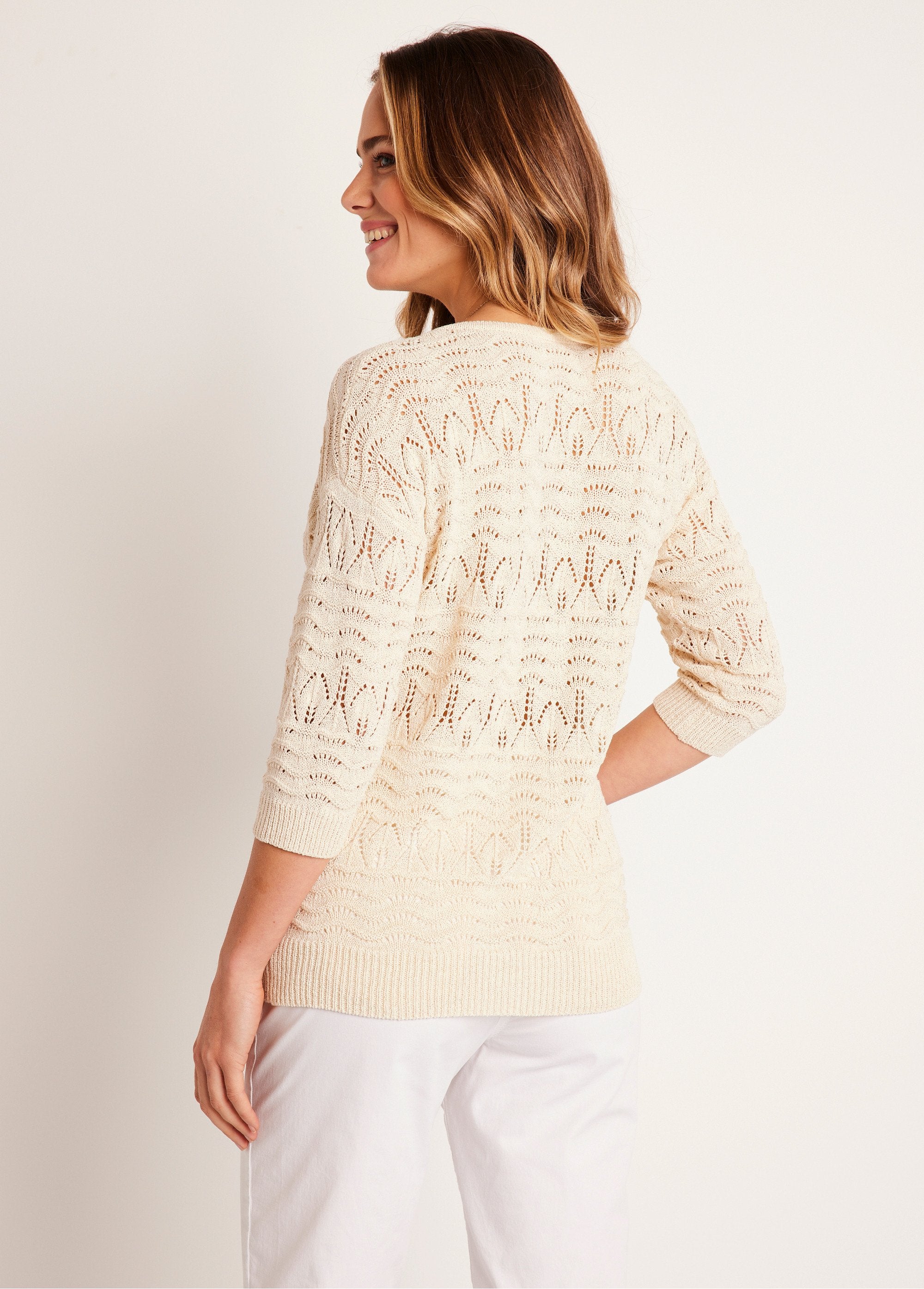 3/4_sleeve_openwork_pattern_V-neck_sweater_String_DO1_slim