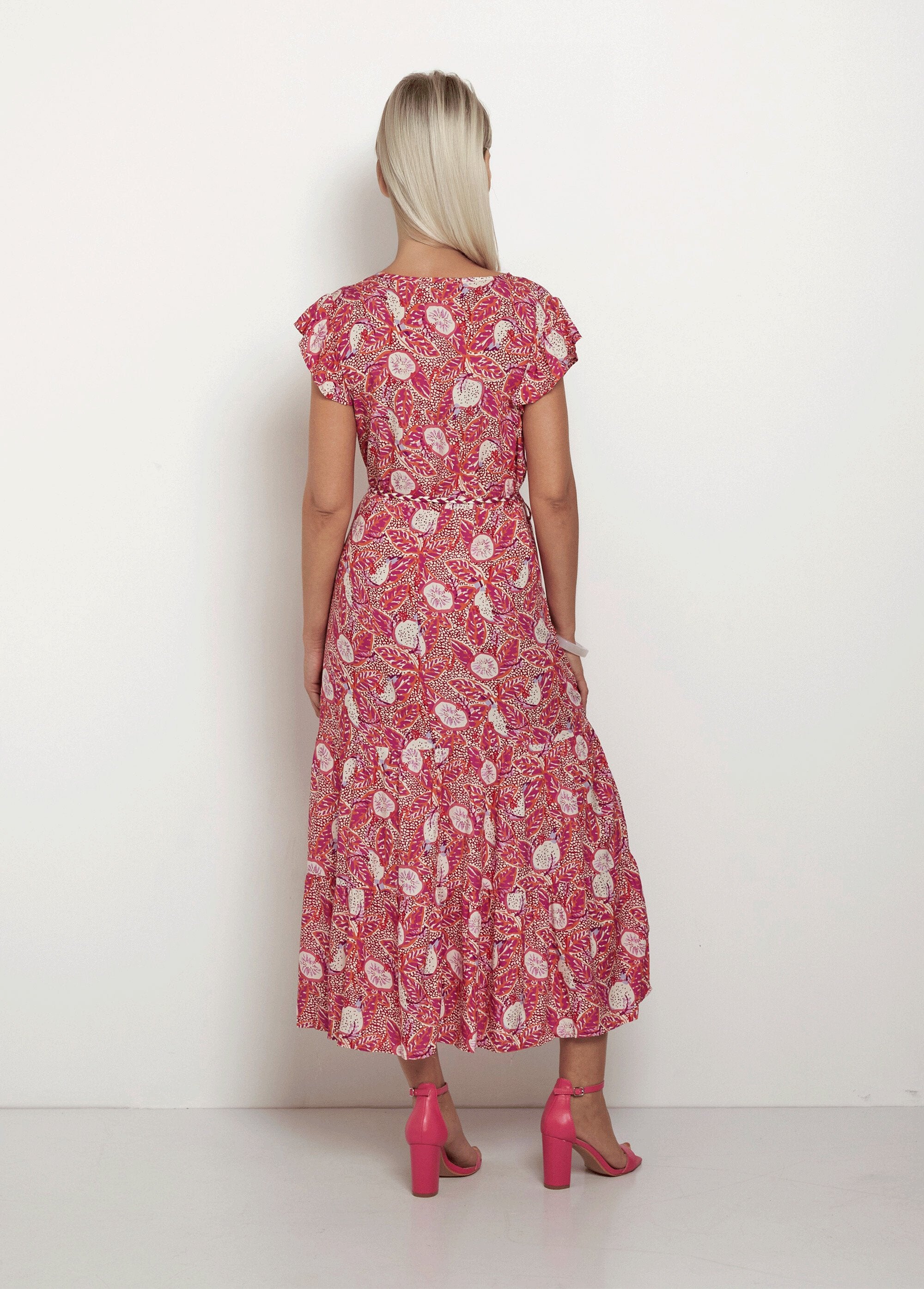 Printed_ruffled_long_dress_with_V-neck_Pink_and_orange_DO1_slim