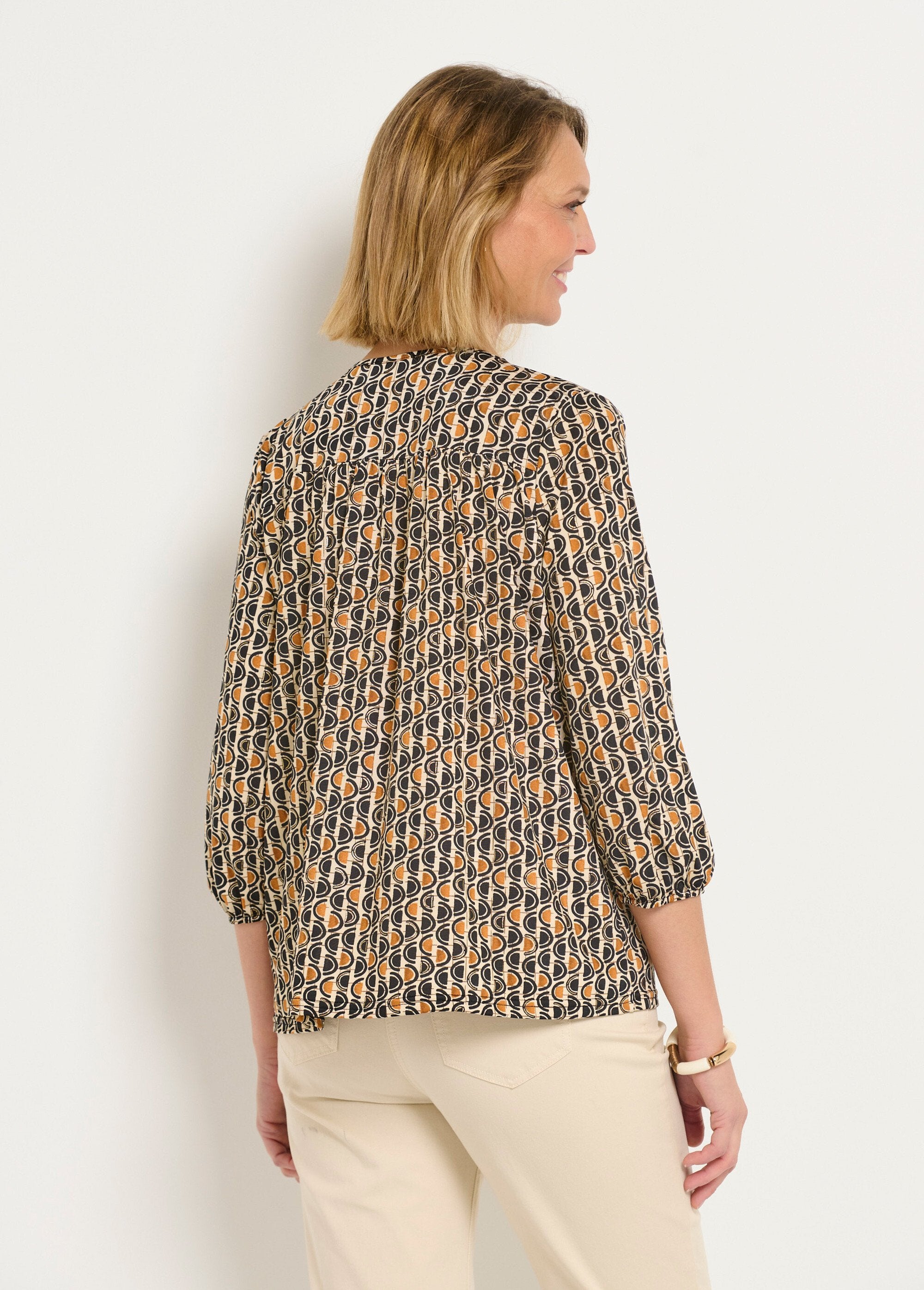 Graphic_pattern_mesh_tunic_with_3/4_sleeves_Ocher_DO1_slim