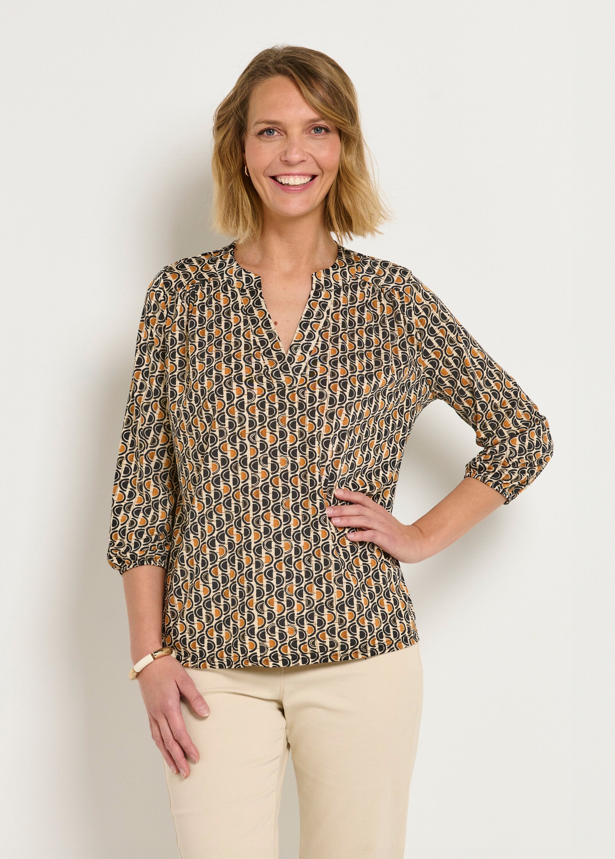 Graphic_pattern_mesh_tunic_with_3/4_sleeves_Ocher_FA1_slim