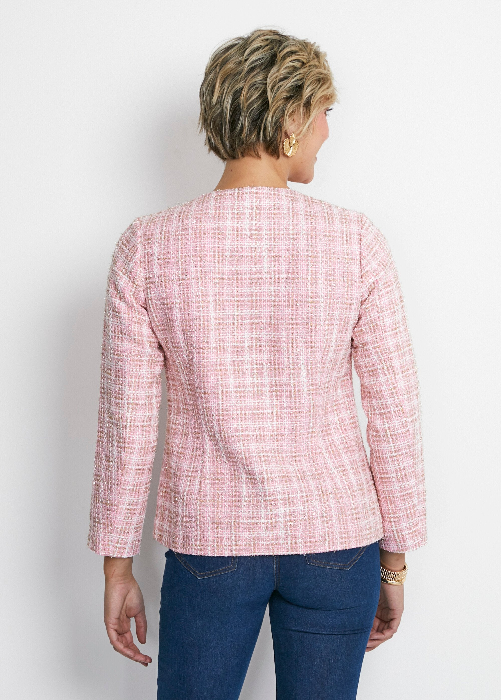 Collarless_short_jacket_in_tweed-effect_fabric_Pink_and_gold_DO1_slim